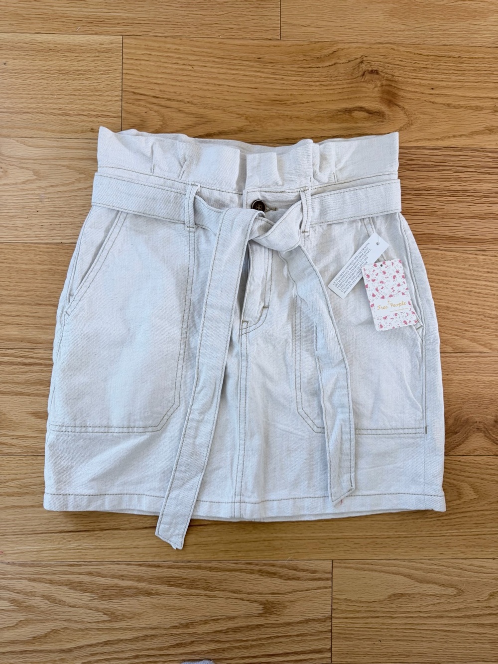 Free People Splendor in the Grass Paperbag Denim Mini Skirt Oatmeal 4 NWT